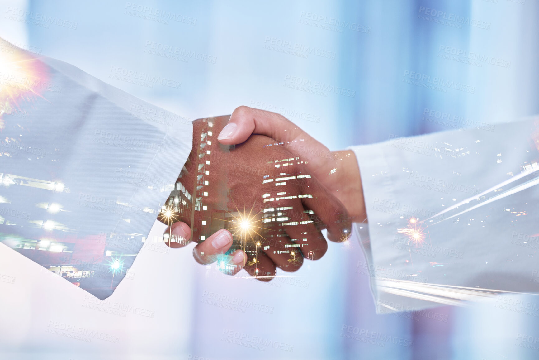 Buy stock photo Closeup, doctors and handshake with double exposure in partnership, city or collaboration for wellness, health or respect. Medic team, shaking hands and welcome in interview, hiring or metro overlay