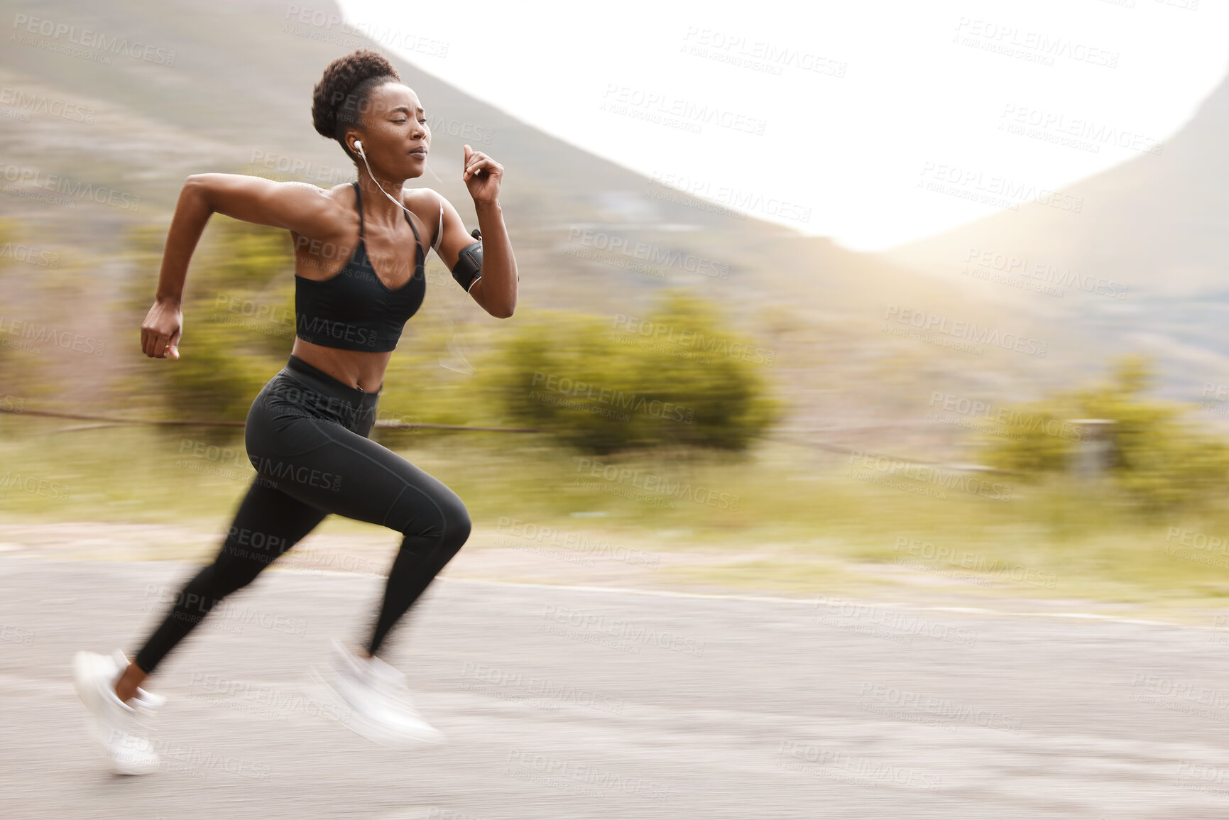 Buy stock photo Athlete, speed and fast black woman running and training for outdoor sports, workout and exercise for a marathon. Strong, wellness and healthy fitness person or female runner with speed for health