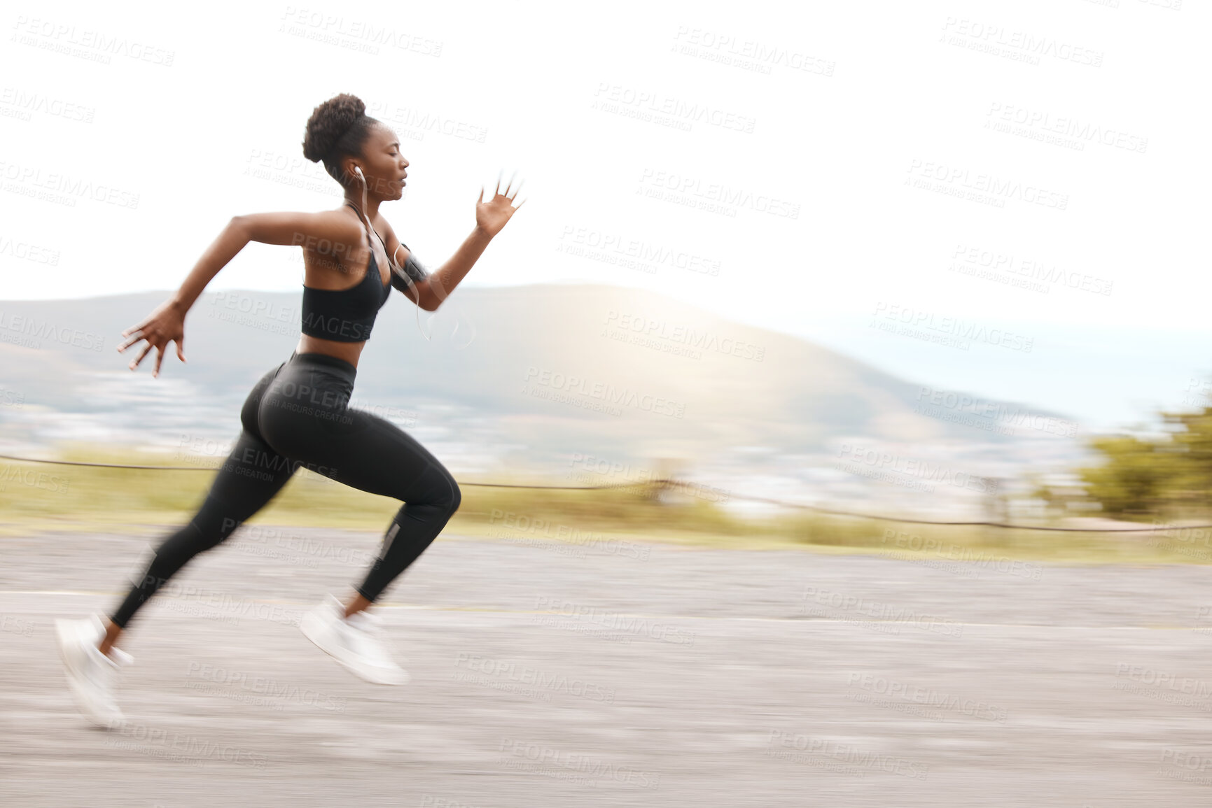Buy stock photo Athlete, mockup and fast black woman running and training for outdoor sports, workout and exercise for a marathon. Fitness, wellness and healthy female person or runner with speed for health