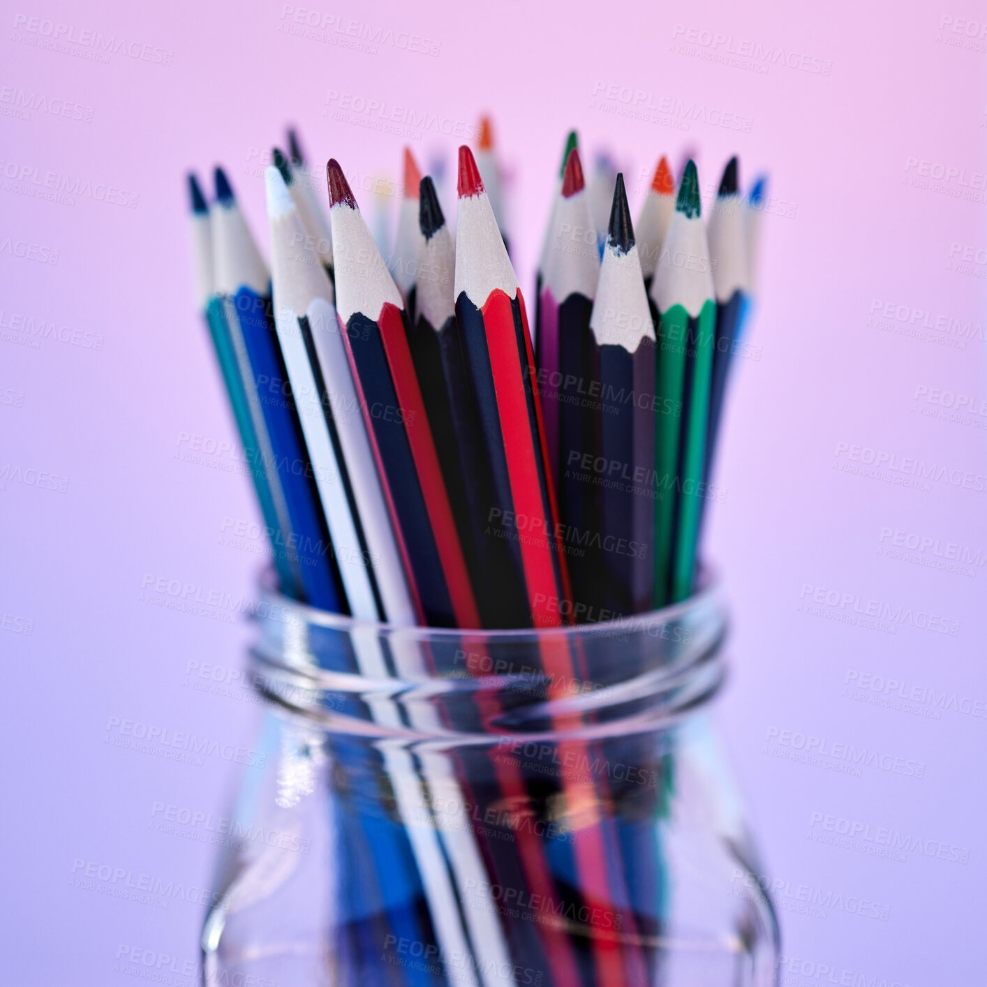 Buy stock photo Creativity, art and drawing pencil container for school coloring stationery zoom. Closeup of a glass jar with color pencils in purple gradient studio background for creative education.

