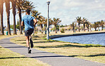 Rearview active fit male doing running exercises alone in a park outside on a sunny day. Muscular legs of a mixed race male runner wearing sportswear. Speed, endurance, stamina and strength training