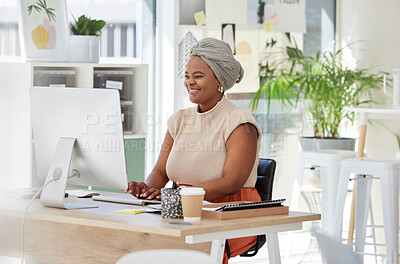 Buy stock photo Business, happy or black woman typing on computer working on search engine or online project research. SEO technology, smile or mature African journalist writing blog reports or internet articles 