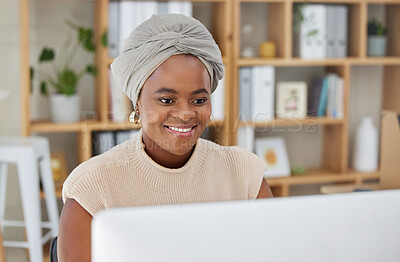 Buy stock photo Business, smile or black woman typing on computer working on search engine or online project research. SEO technology, email or happy African journalist writing blog reports or internet articles