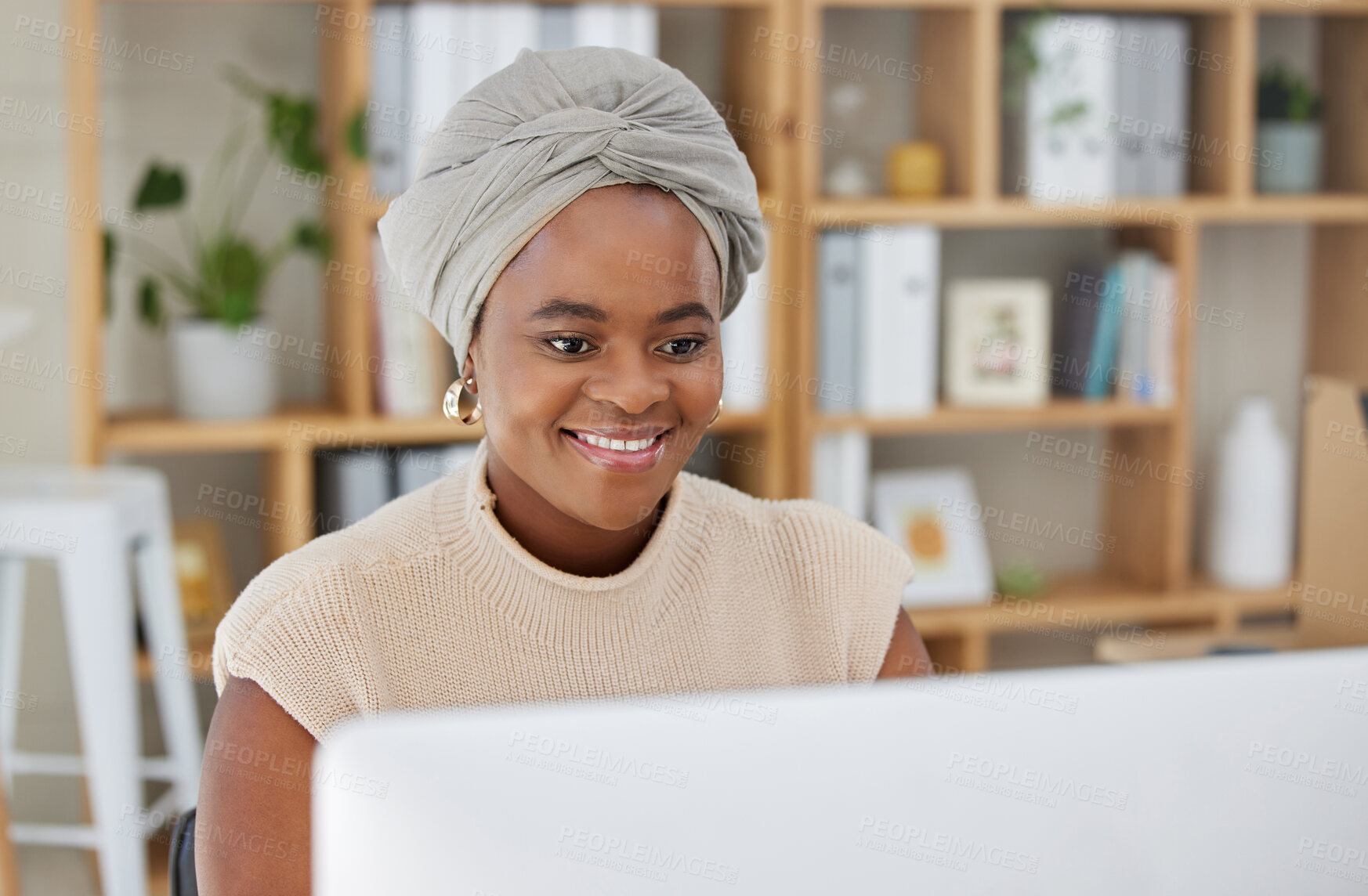 Buy stock photo Business, smile or black woman typing on computer working on search engine or online project research. SEO technology, email or happy African journalist writing blog reports or internet articles