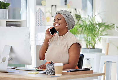 Buy stock photo Startup, business or happy black woman on a phone call talking, communication or speaking of ideas in office. Smile, laughing or funny mature African employee networking for a deal or negotiation 