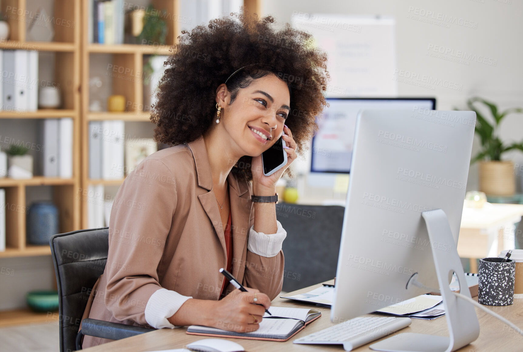 Buy stock photo Phone call, computer and woman writing, talking and business networking, online advice or happy virtual help in office. Professional biracial person in conversation, planning and thinking on computer