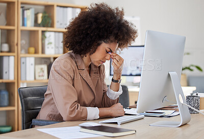 Buy stock photo Headache, migraine and frustrated woman on computer stress, depression or health risk in office working. Pain, depressed or angry, biracial business person with burnout or fatigue for online career