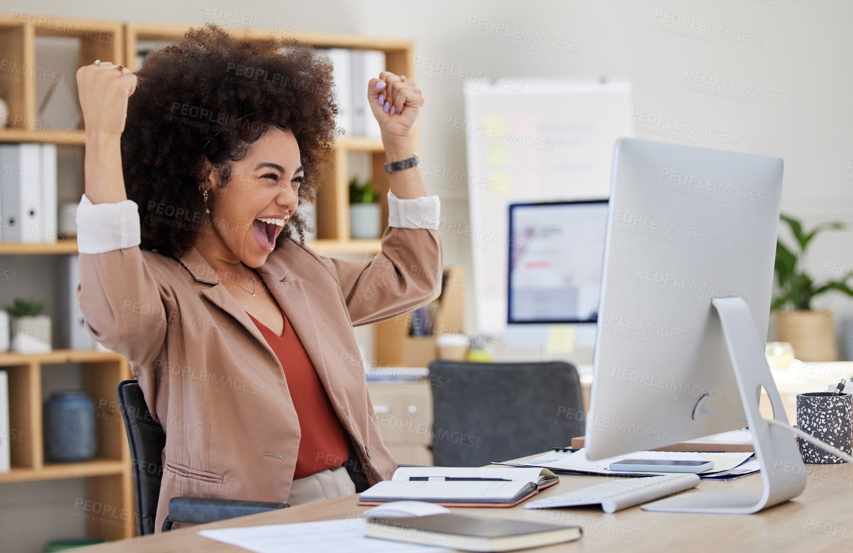 Buy stock photo Happy woman winning on computer success, bonus or celebration for news, sales and business cheers in office. Wow, yes and winner or biracial person celebrate, fist pump and reading opportunity on pc