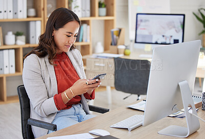 Buy stock photo Office, phone or woman on social media to relax online on a break at workplace desk of business. Mobile app, break or girl journalist texting, typing or searching for blogs, news or internet articles