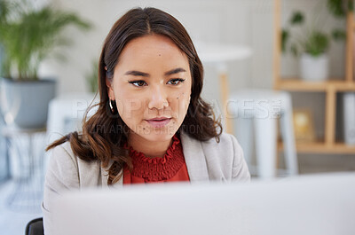 Buy stock photo Business, office or woman typing on computer working on email or content research project online. Technology, seo data feedback or girl journalist writing blog reports or internet articles with focus