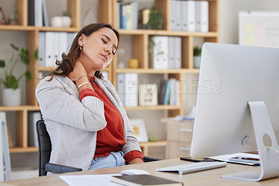 Buy stock photo Stress, office or woman with neck pain injury, fatigue or burnout in a business or startup company. Posture problems, tired girl or injured female worker frustrated or stressed by muscle tension 