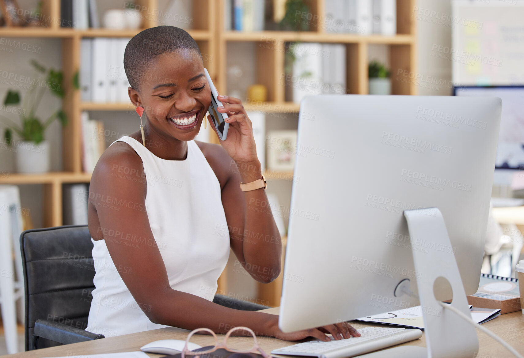 Buy stock photo Phone call, computer and woman talking, typing and business networking, online advice or happy virtual help in office. Professional African person on desktop with conversation, feedback and speaking