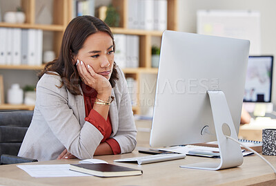 Buy stock photo Bored, burnout or tired business woman is sleepy in the office from deadlines, overworked or overwhelmed. Depression, fatigue or exhausted female worker working on computer at administration desk 