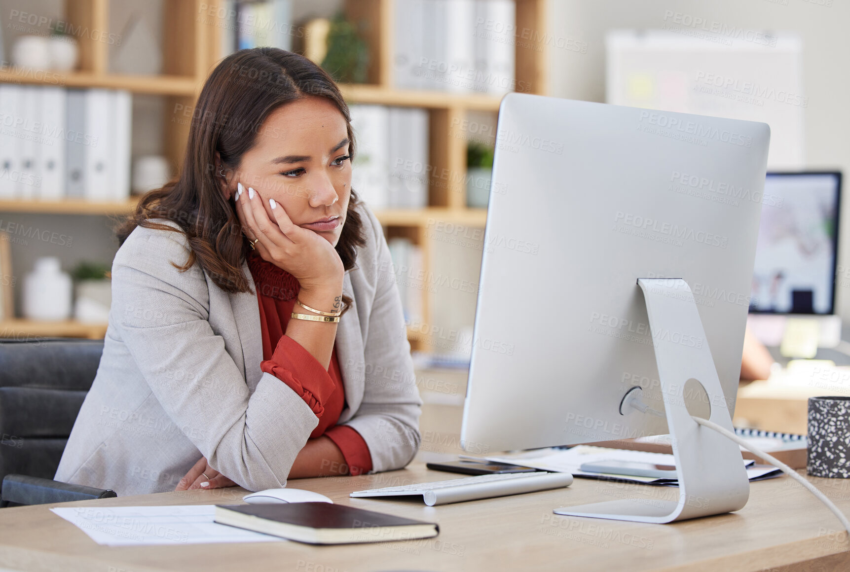 Buy stock photo Bored, burnout or tired business woman is sleepy in the office from deadlines, overworked or overwhelmed. Depression, fatigue or exhausted female worker working on computer at administration desk 