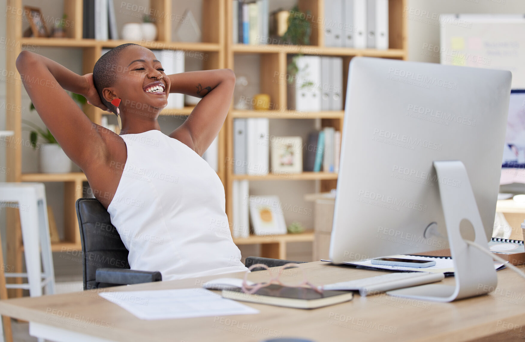 Buy stock photo Success, relax or happy black woman in taking break from copywriting online for mental health in office. Calm freedom, mindset or wellness of journalist in workplace with smile stretching or resting