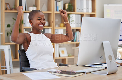 Buy stock photo Winning, happy woman and computer success, bonus or celebration of news, sales and business cheers in office. Wow, yes and winner or African person celebrate, fist pump and reading opportunity on pc