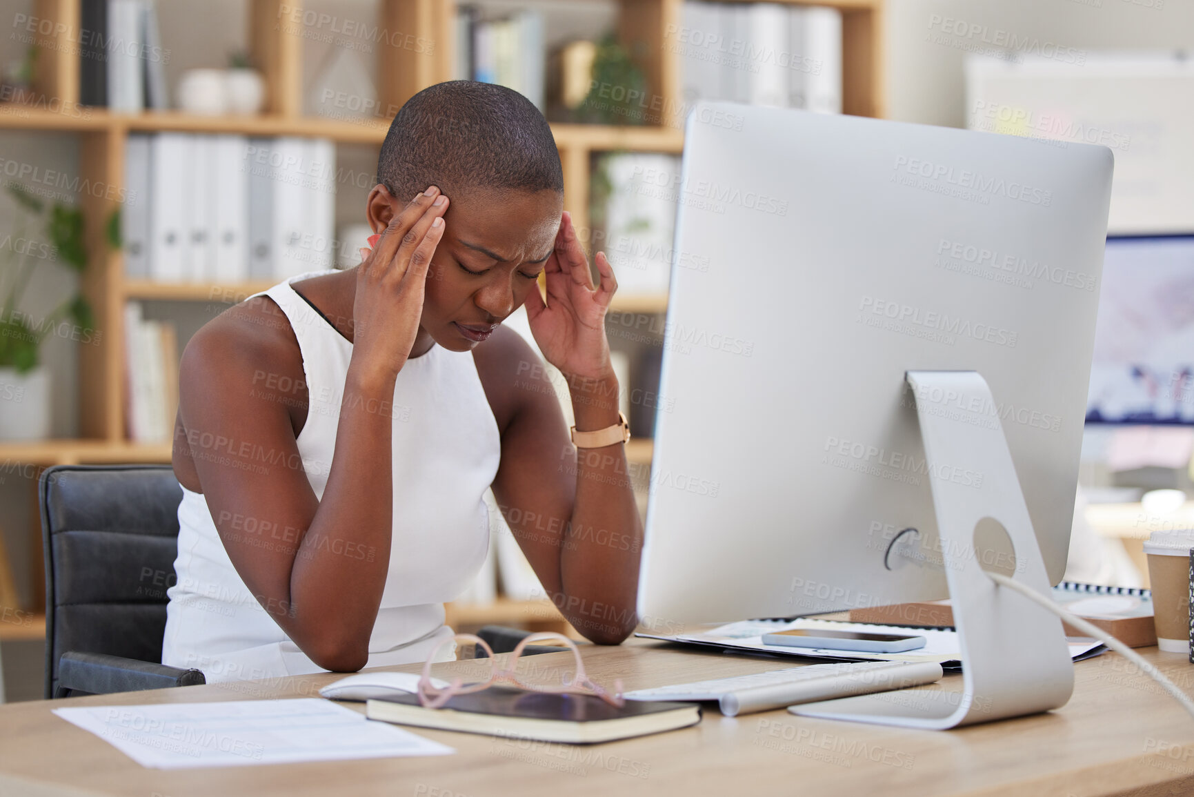 Buy stock photo Headache, migraine and pain of woman on computer stress, depression or mental health risk in office for news. Confused, depressed or frustrated African business person with burnout or fatigue online