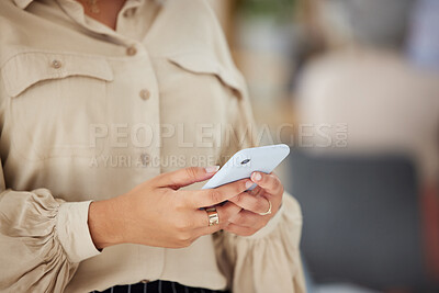 Buy stock photo Closeup, woman or hands typing on a phone for social media content internet or website notification. Searching post, digital news blog or person texting on online networking mobile app in office 