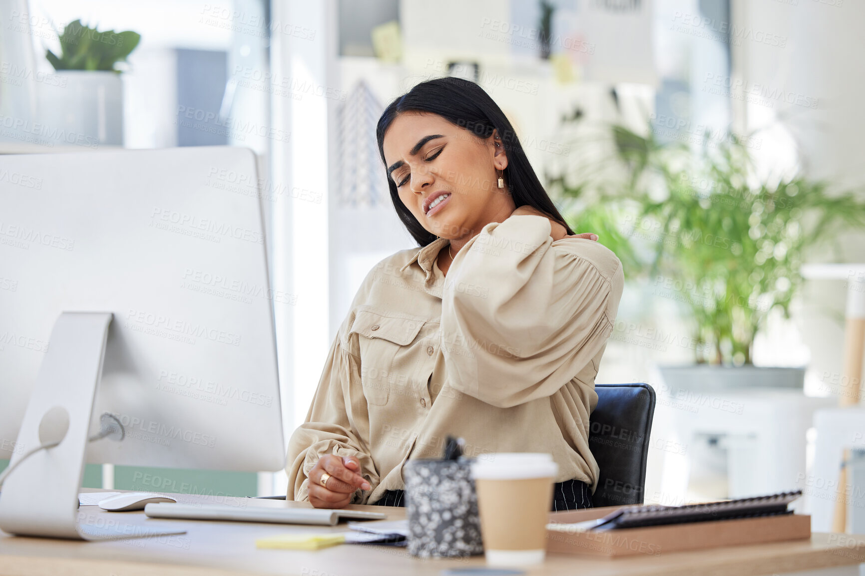Buy stock photo Tired, office or woman with neck pain injury, burnout or bad ache at a business or company desk table. Posture problems, muscle tension or injured female worker frustrated or stressed by emergency