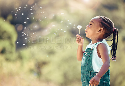 Buy stock photo Nature, child blowing dandelion flower child and mockup with freedom, happiness and fun in countryside. Smile, sunshine and childhood fun, African girl with flowers in garden and happy outdoor space.