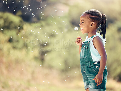 Buy stock photo Mockup, child blowing dandelion flower and happy kid with freedom, happiness and fun in countryside. Smile, sunshine and childhood fun, African girl with flowers in garden and happy outdoor space.