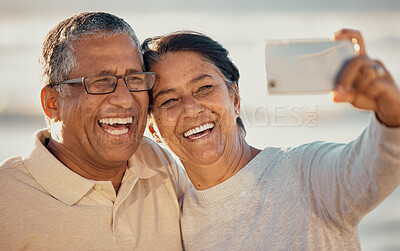 Buy stock photo Senior couple, beach selfie and summer sunshine with happiness for travel, blog and post on web. Old man, woman and smile for photography on romantic vacation, profile picture and social network app