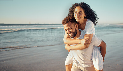 Buy stock photo Piggyback, happy and couple at beach, travel for summer holiday, vacation and romantic date. Love, dating and mixed race man and woman enjoying sunset for bonding, relaxing and honeymoon by ocean