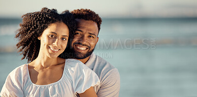 Buy stock photo Hug, travel and portrait of couple at beach for summer holiday, vacation and romantic date. Love mockup, dating and mixed race man and woman hugging, embrace and smile for bonding, relax and happy