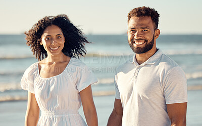 Buy stock photo Love, happy and portrait of couple at beach for summer holiday, vacation and romantic date. Travelling, dating and mixed race man and woman enjoying sunset for bonding, relaxing and honeymoon by sea