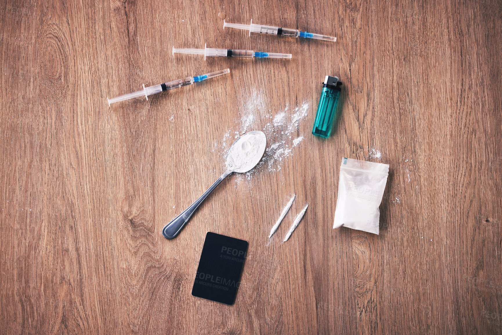 Buy stock photo Powder, syringe and drugs with spoon on table for alcohol addiction, drug rehabilitation and narcotics abuse. Medicine problem, crime and illegal drug habit with liquid, cocaine and heroin solution