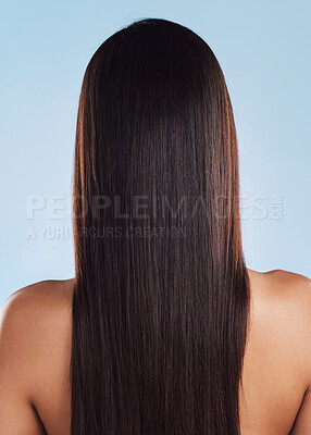 One beautiful woman from behind with sleek, silky and healthy long brunette hair posing against a blue studio background. Model with straight hairstyle after salon colour treatment and extensions