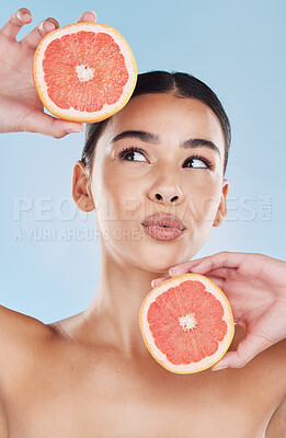 Buy stock photo Grapefruit, woman skincare and beauty of vitamin c fruit wellness, healthy complexion and natural feminine grooming. Playful, body nutrition and beautiful model for clean, organic and fresh cosmetics