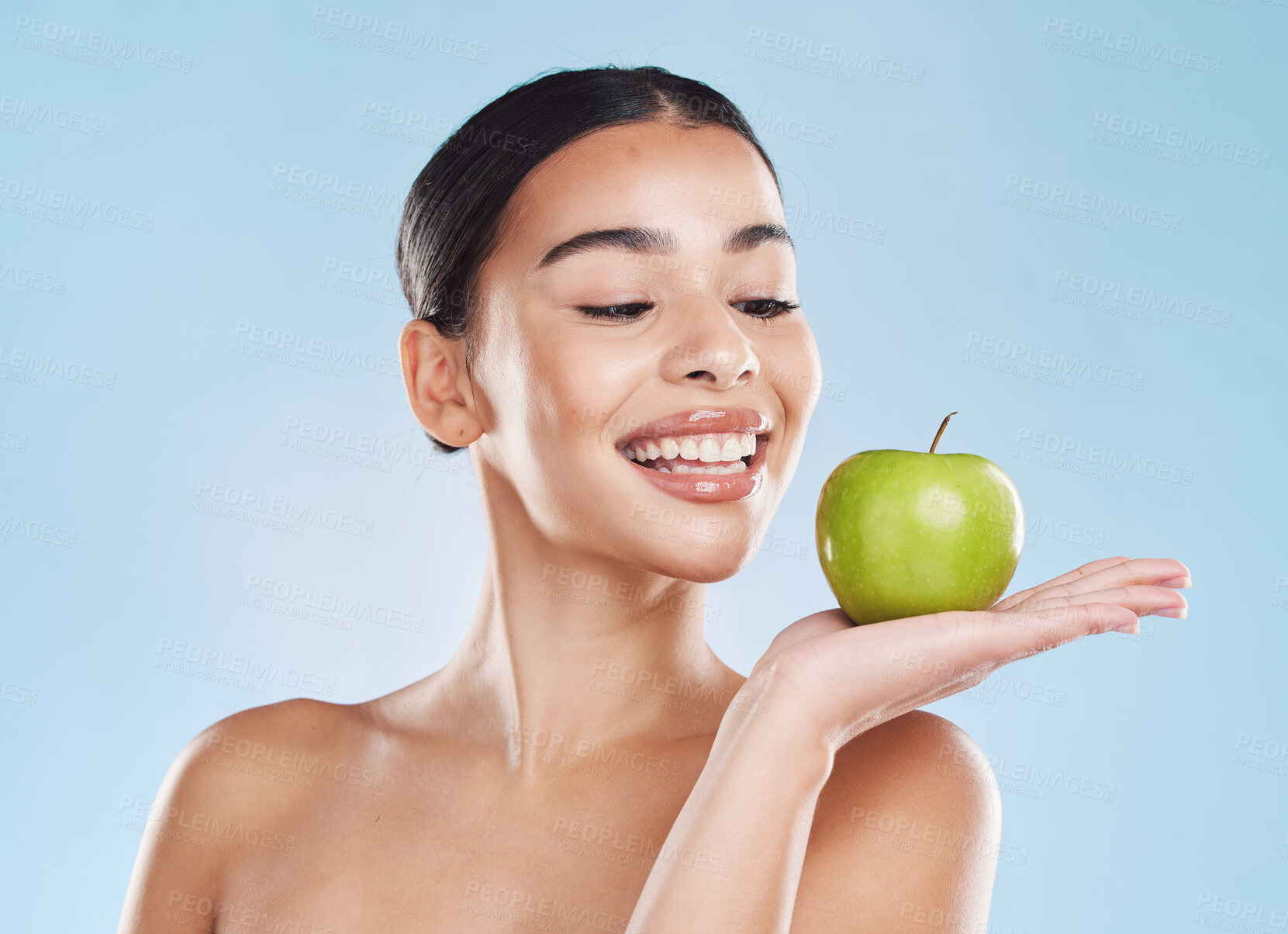 Buy stock photo Skincare, healthcare beauty woman with apple in hand with wellness, cosmetic health and dental teeth in studio. Portrait of girl model skin, healthy diet with smile and fruit product 