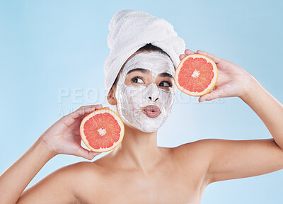 Buy stock photo Skincare woman with fruit skin, health and face mask for wellness, health and face product. Portrait of healthy, facial and nutrition with beauty, luxury and food or organic citrus in girl model hand