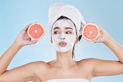 Buy stock photo Girl, spa mask and grapefruit for cosmetic beauty treatment for relaxing self care pamper session. Grooming wellness woman with luxury facial product on skin for glowing and fresh skin tone.