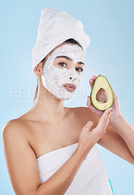 Buy stock photo Skincare, beauty and avocado face mask with a beautiful woman taking care of her clean and healthy skin. Organic, fresh and cleansing facial with routine homemade treatment and natural ingredients