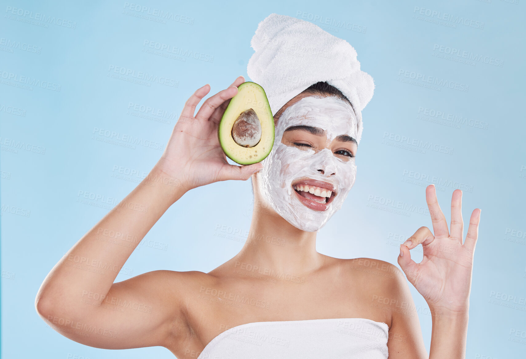 Buy stock photo Skincare, beauty and ok sign for avocado face mask with beautiful woman taking care of healthy skin. Organic, fresh and cleansing facial with routine treatment and natural ingredient for good results