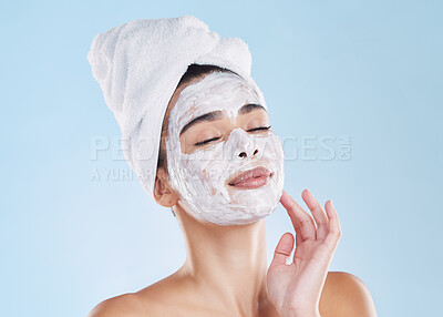 Buy stock photo Skincare woman, beauty facial mask and cosmetics after fresh shower, bathroom grooming routine and bodycare on blue background. Feminine face, clean spa pores and healthy pamper treatment complexion 