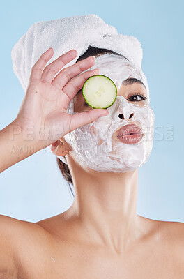 Buy stock photo Beauty, skincare and face mask with cucumber slice portrait of beautiful woman taking care of her clean and healthy skin. Fresh, wellness and relax during routine pamper spa cosmetology treatment