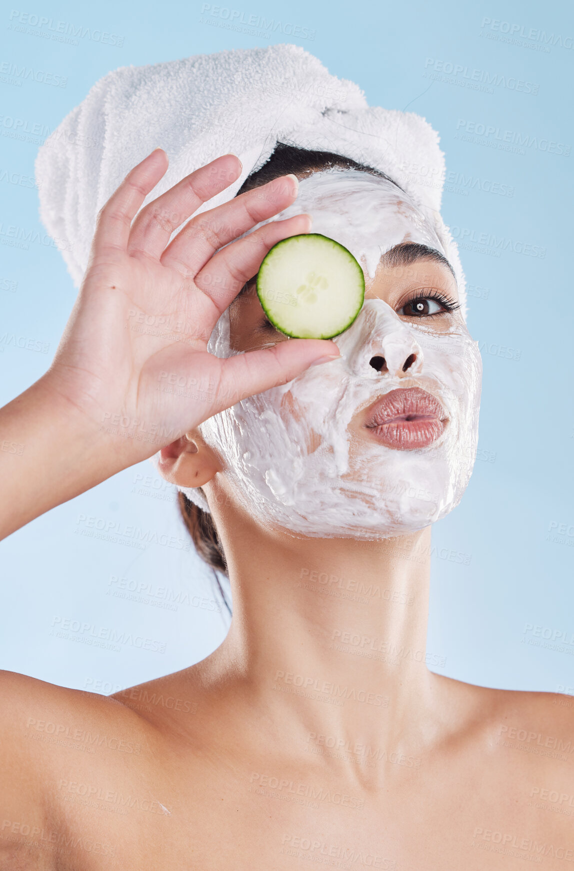 Buy stock photo Beauty, skincare and face mask with cucumber slice portrait of beautiful woman taking care of her clean and healthy skin. Fresh, wellness and relax during routine pamper spa cosmetology treatment