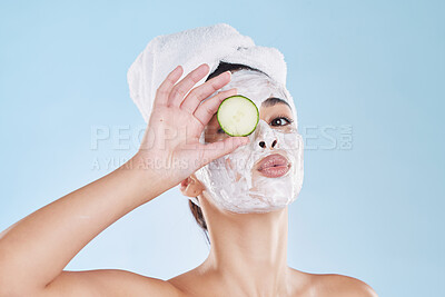 Buy stock photo Skincare, cucumber and beauty face mask portrait of a beautiful woman taking natural care of her clean and healthy skin. Fresh, wellness and relax during routine pamper spa cosmetology treatment