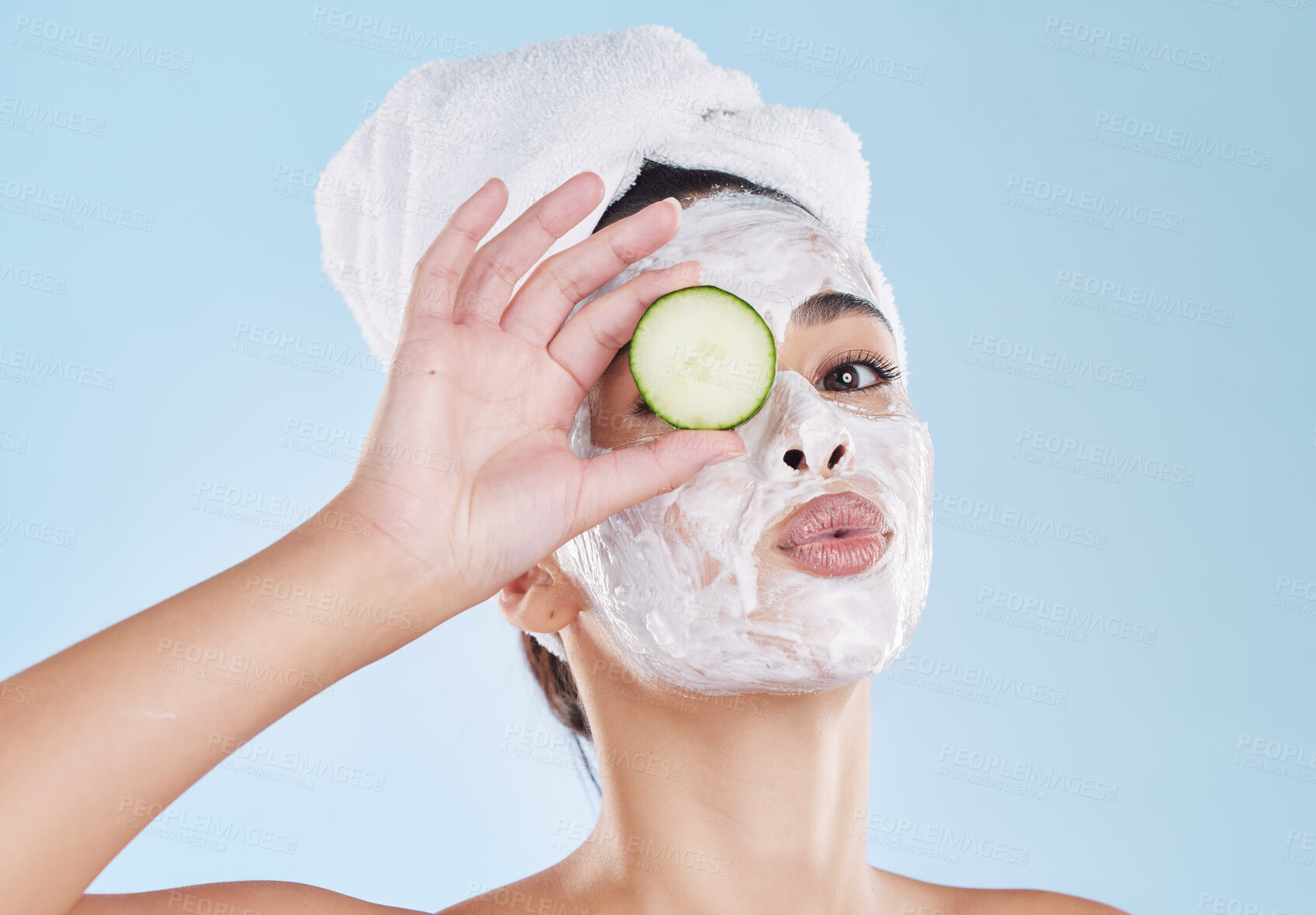 Buy stock photo Skincare, facial and wellness skin product of a woman with face cream and mask. Portrait of bathroom shower morning routine for beauty, care and health lifestyle of a female feeling silly