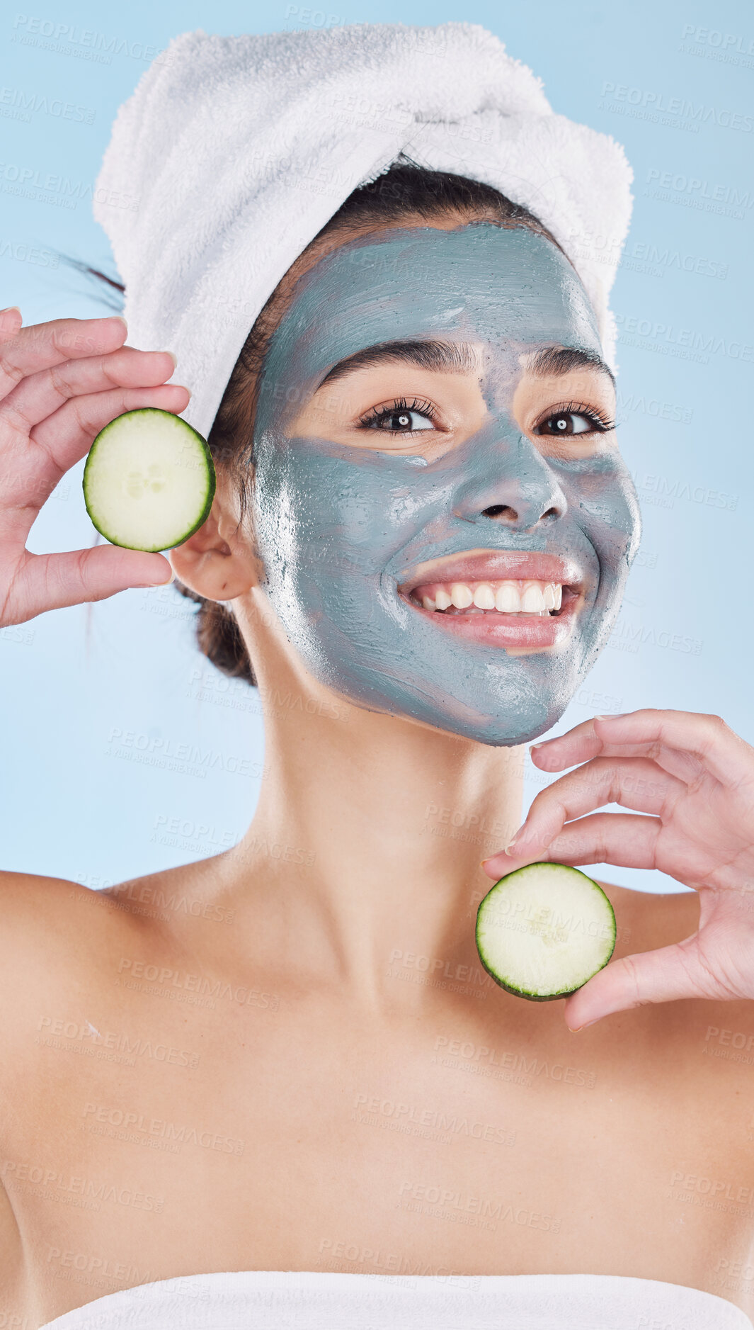 Buy stock photo Skincare woman, facial mask and cucumber beauty cosmetics after fresh shower, bathroom grooming routine and cool bodycare. Portrait feminine face, clean pore complexion and healthy pamper treatment