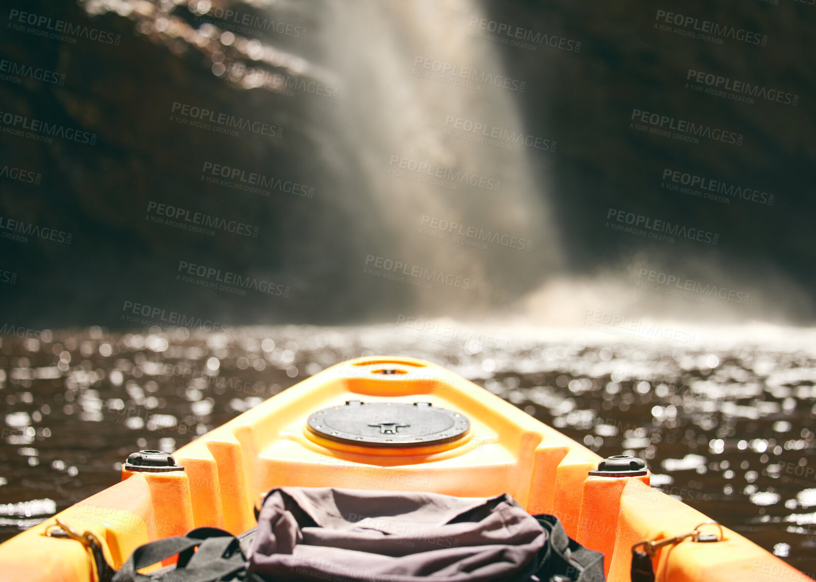 Buy stock photo Boat river and pov of kayak on water or person on fishing trip, adventure of summer vacation activity. Kayaking in nature, view and equipment for camping vessel on sea, waves and ocean bokeh