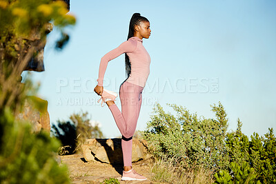 Buy stock photo Fitness, stretching and black woman outdoor, exercise and training for wellness, stress relief and health. Female person, girl or athlete stretch legs, outside and nature with workout goal and target
