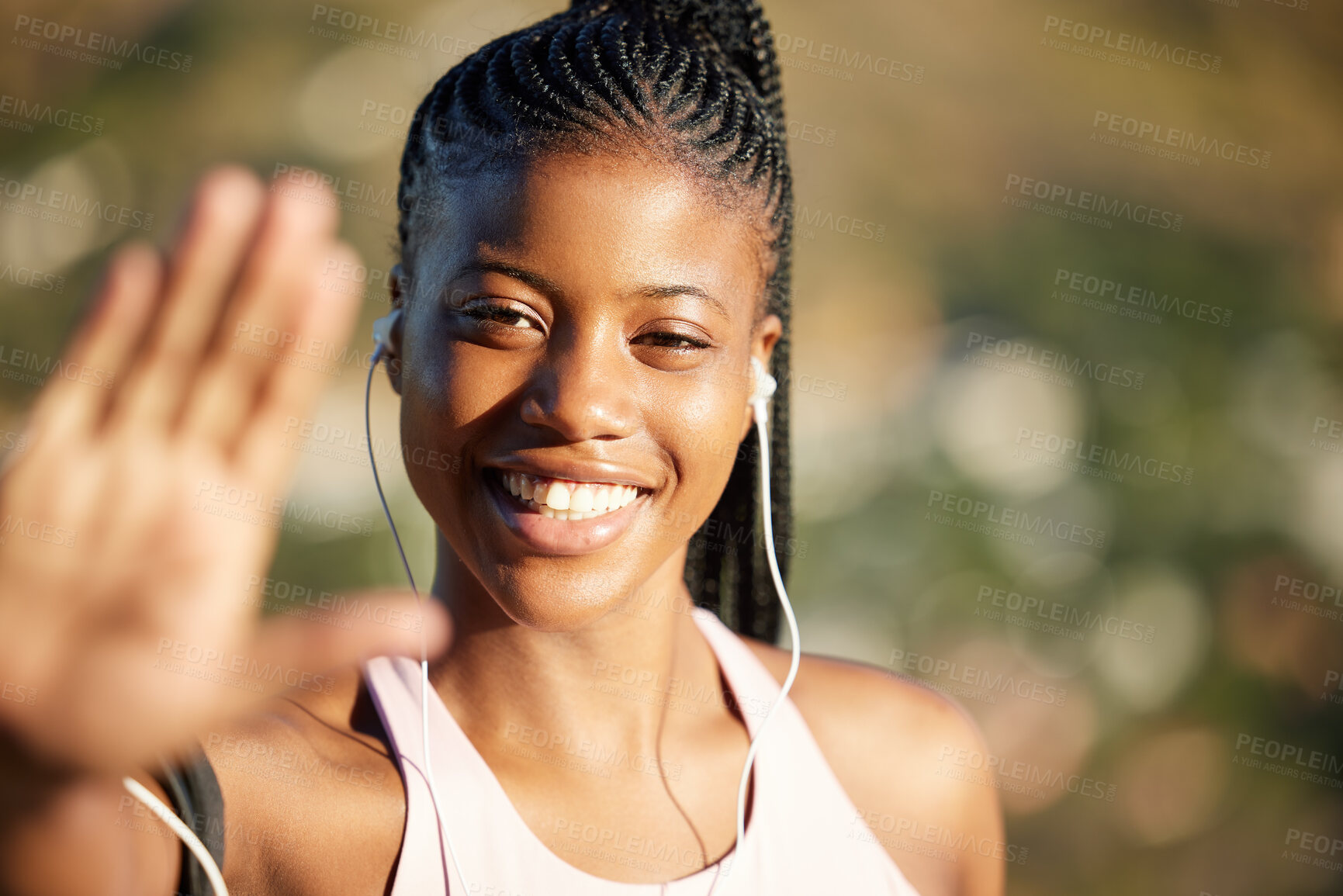 Buy stock photo Black woman, hand and portrait selfie on mountain, exercise and music for workout, wellness and smile in summer. African girl, earphones and training in sunshine with happiness for fitness adventure