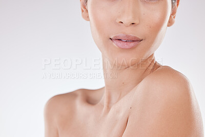 Buy stock photo Closeup of an unknown young mixed race model enjoying a relaxing treatment after a shower while posing against a white copyspace background. Hispanic woman with radiant skin in a studio