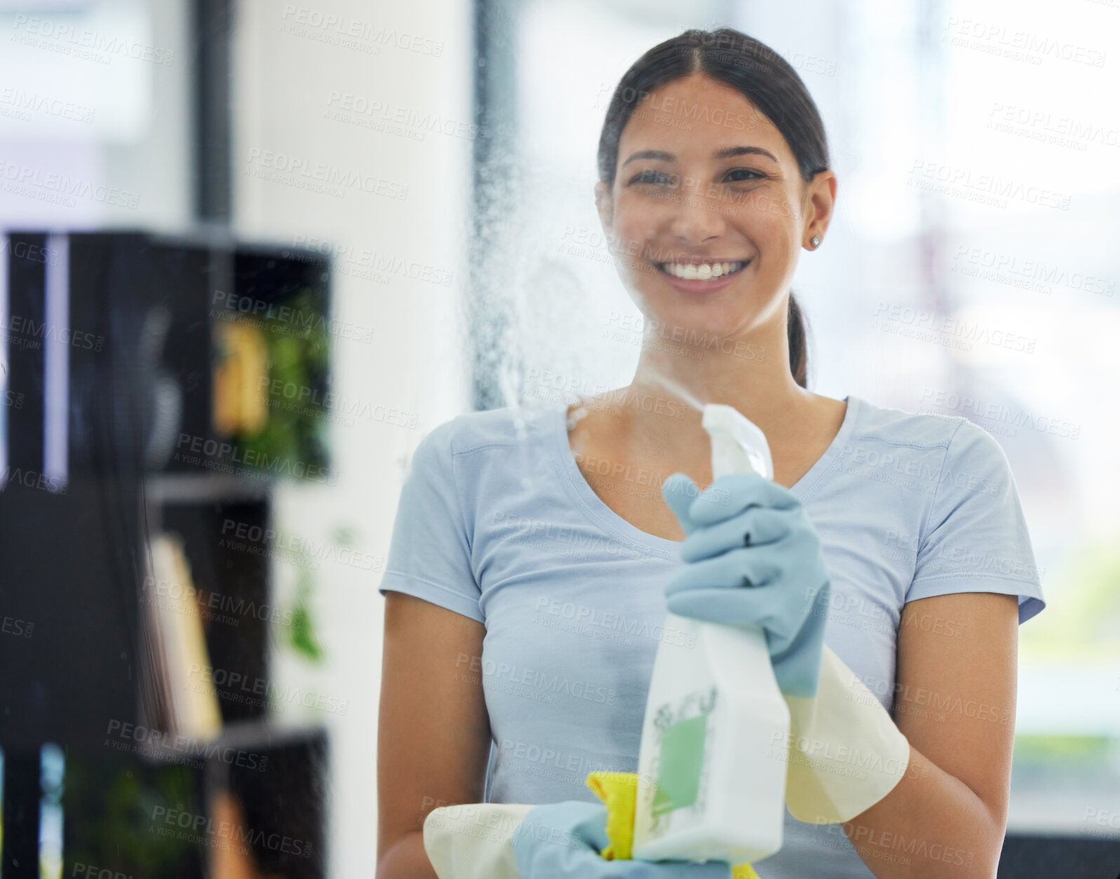 Buy stock photo Smile, woman and cleaning glass with bottle, gloves and detergent for housekeeping in home or office. Cleaner, service and female domestic cleaner with product for bacteria, dust or germ prevention