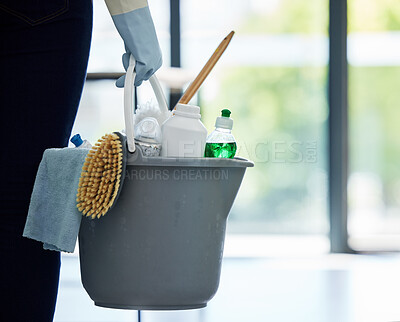Buy stock photo Hands, cleaner and bucket of supplies for cleaning, hygiene or disinfection at the office. Hand of person, housekeeper or maid holding clean equipment, supply or tools for bacteria or germ removal