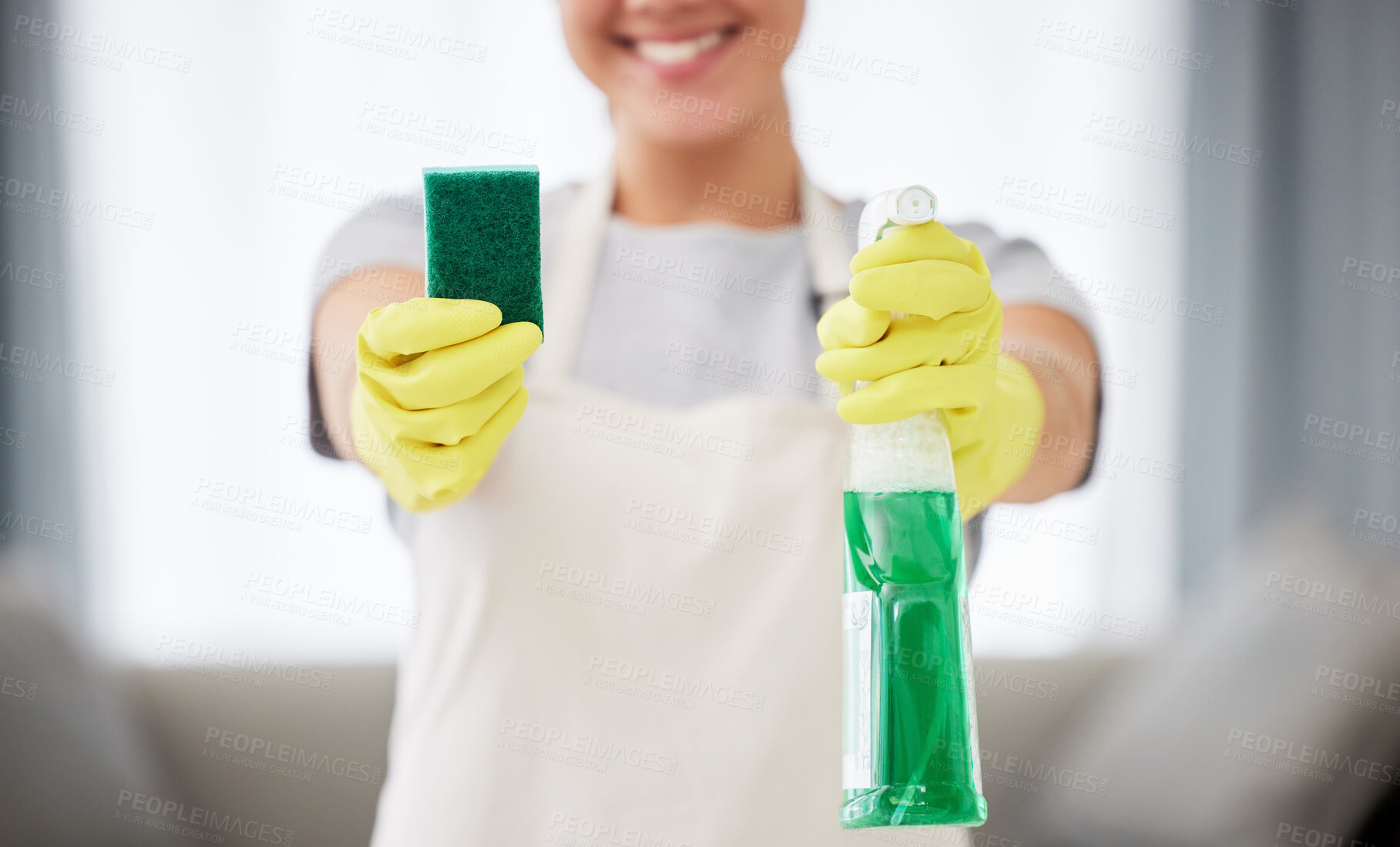 Buy stock photo Spray bottle, sponge and hands with cleaning gloves and woman with product for clean house, surface or job working with detergent. Cleaner, service and maid, helper or worker with washing products